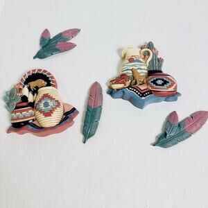 Vintage 1997 Home Interiors Southwestern Wall Plaques & Feathers Decor Set USA